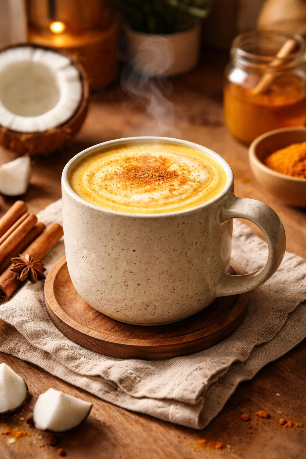 Golden turmeric coconut latte in a ceramic mug with warm glow