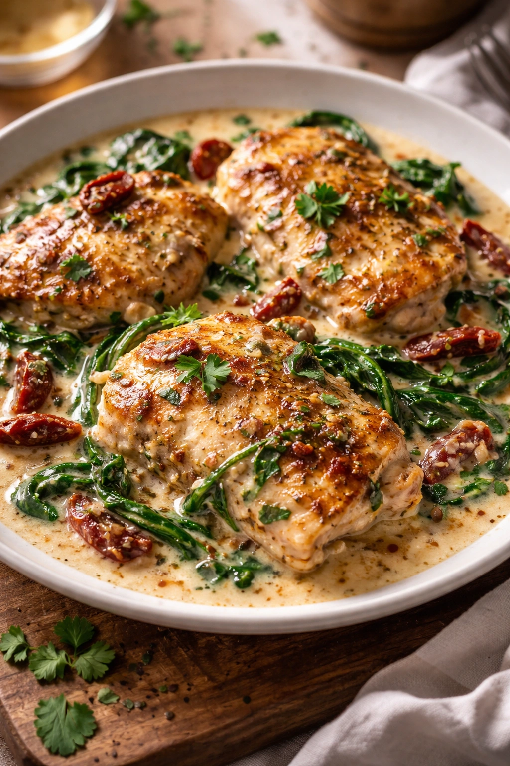 Plate of Tuscan chicken with spinach, sun-dried tomatoes, and cream sauce.