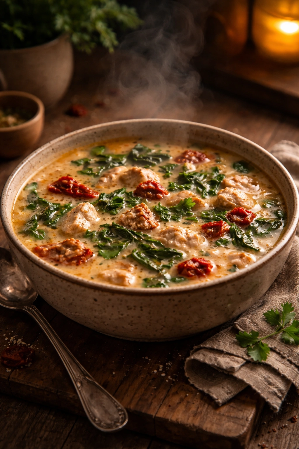Close-up of Tuscan chicken soup with sun-dried tomatoes and spinach in a rustic bowl
