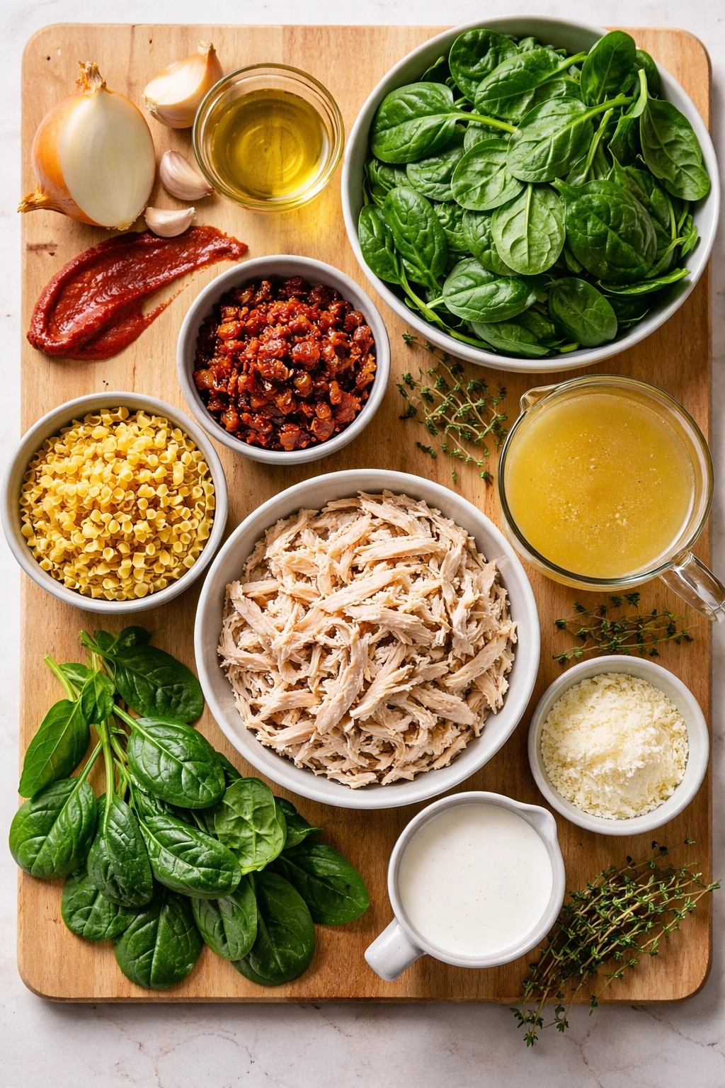 Top-down arrangement of Tuscan soup ingredients on a wooden board