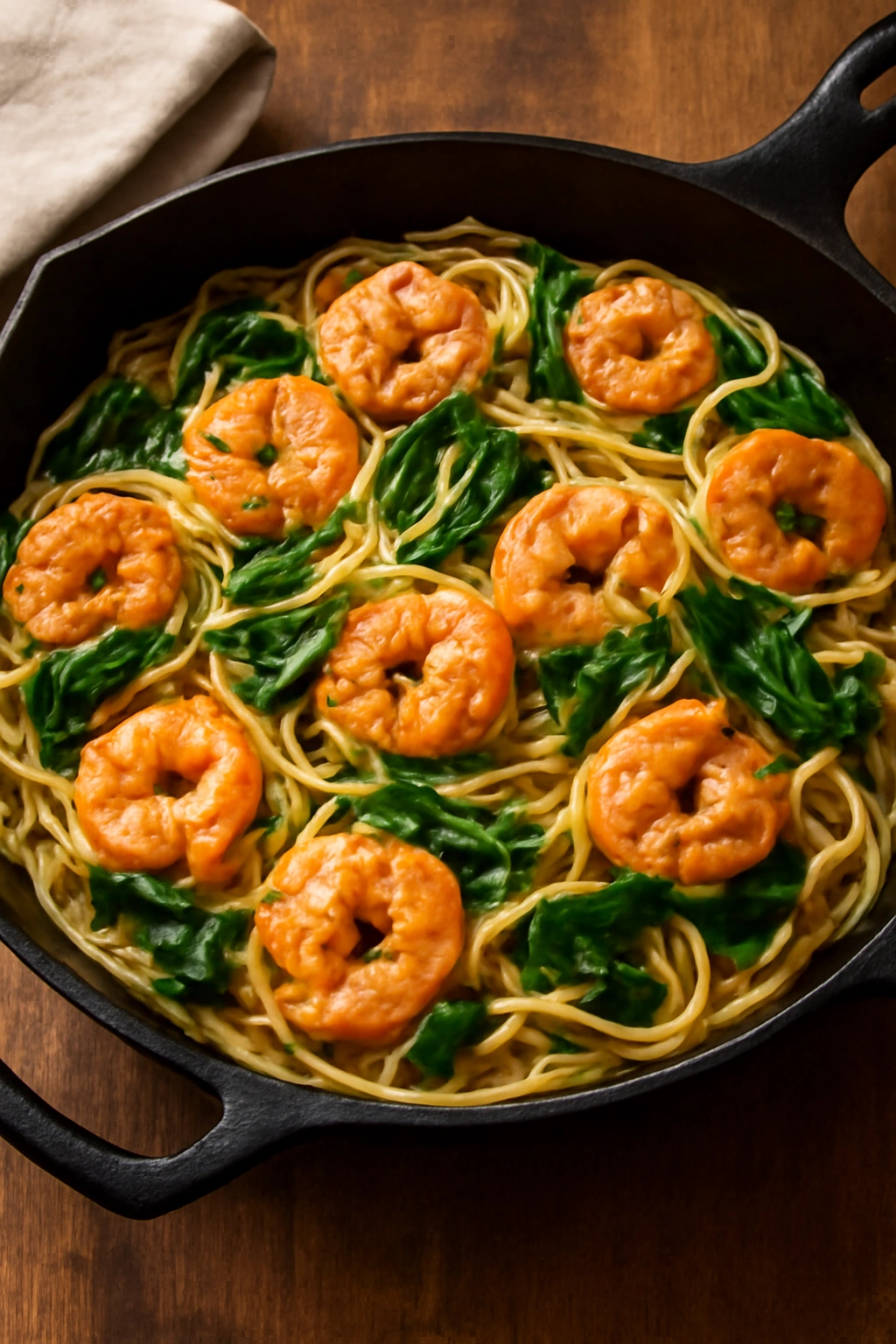 Skillet with shrimp, spinach, and pasta in garlic-butter sauce.