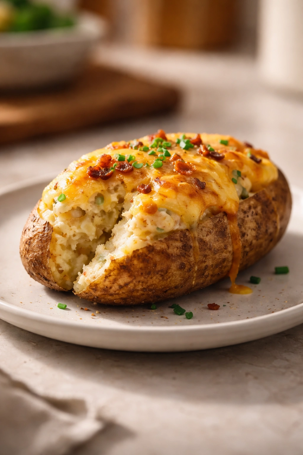 Close-up of a golden, puffy twice-baked potato with melted cheese on a neutral plate