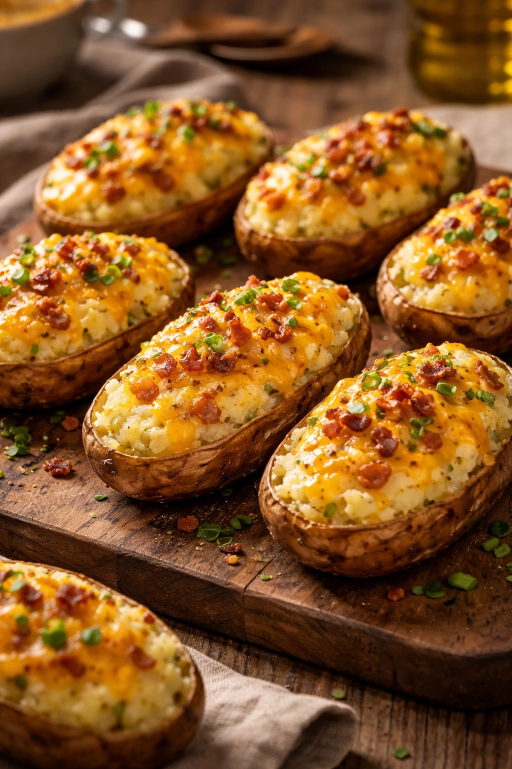 Close-up of golden twice-baked potatoes with creamy filling and melted cheese