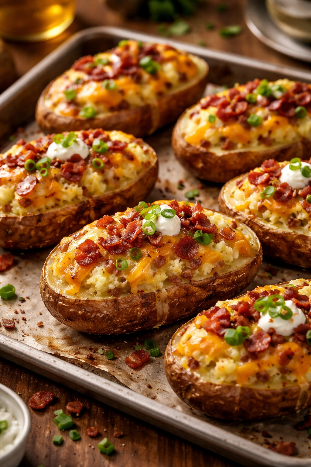 Cross-section of twice-baked potato halves with cheese and toppings.