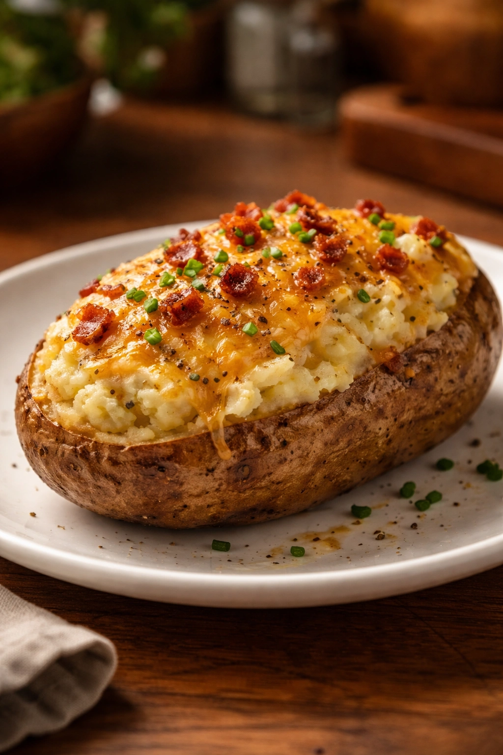 Close-up of a golden twice-baked potato with melted cheese on a white plate