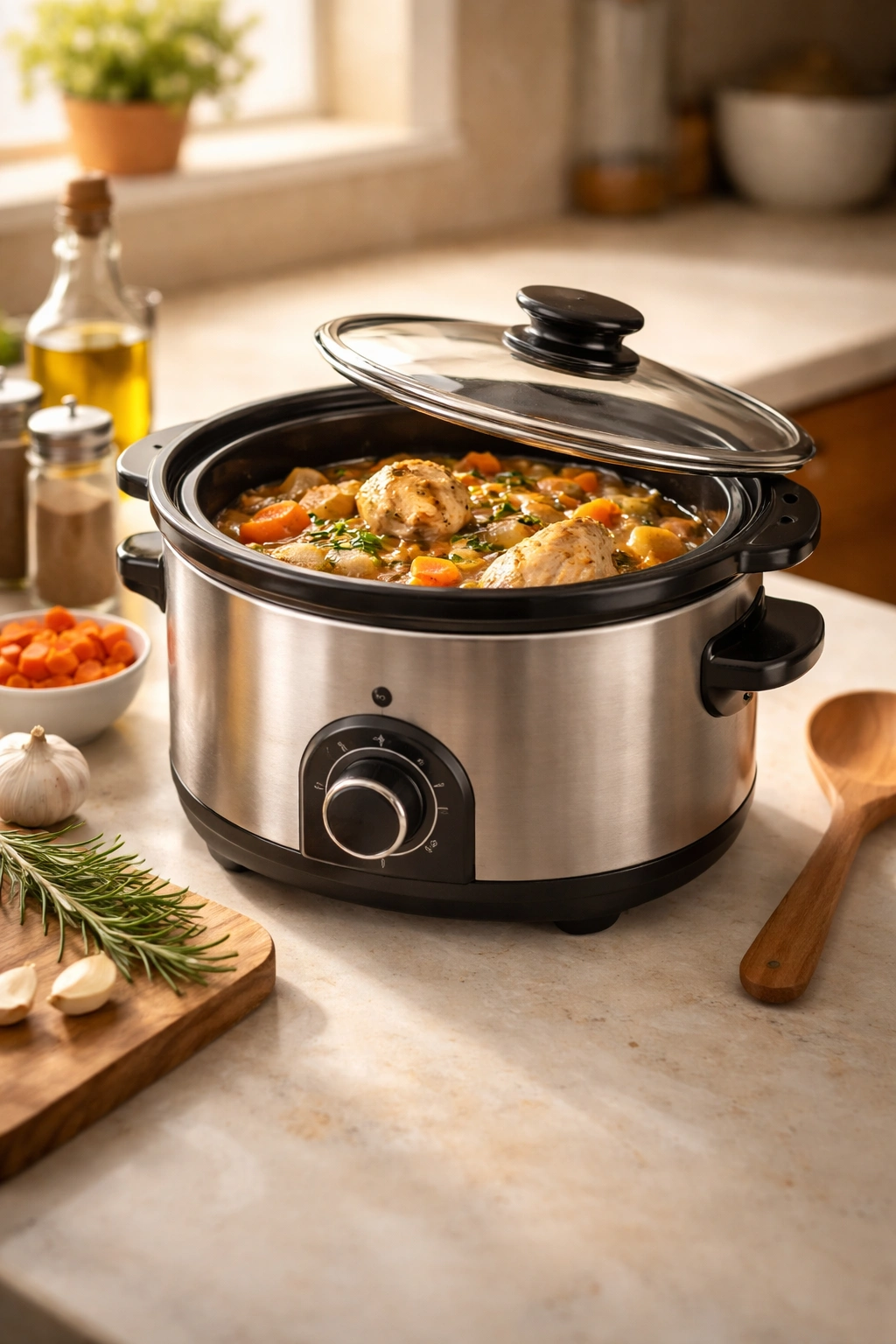 Small slow cooker on a clean kitchen counter properly filled for two servings