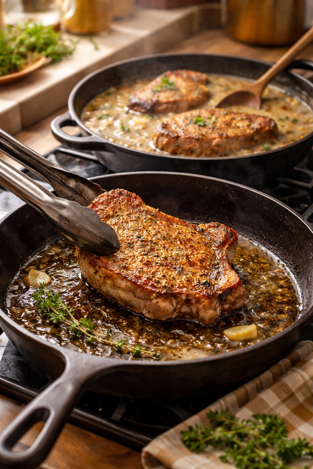 Pork chop seared in skillet with a gravy pan in the background.