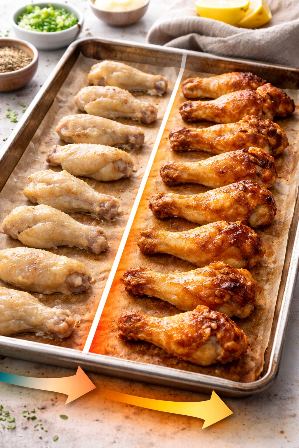 Wings showing pale to golden color gradient on a sheet pan.