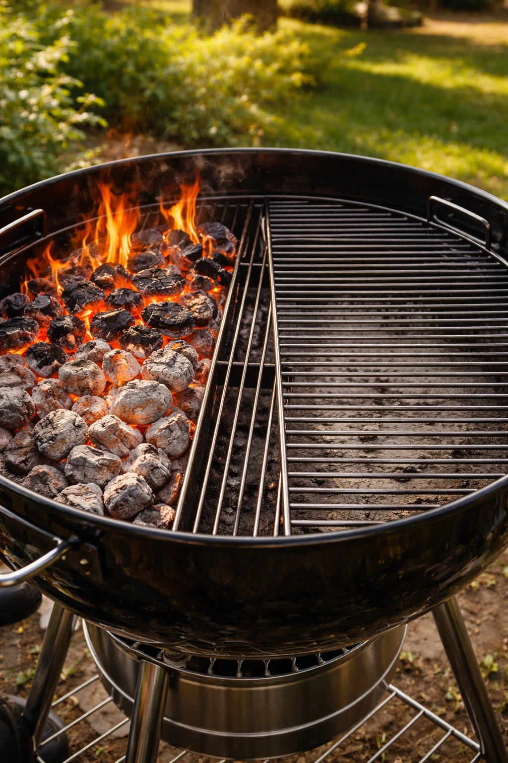 Charcoal grill showing hot and cool zones for searing and finishing