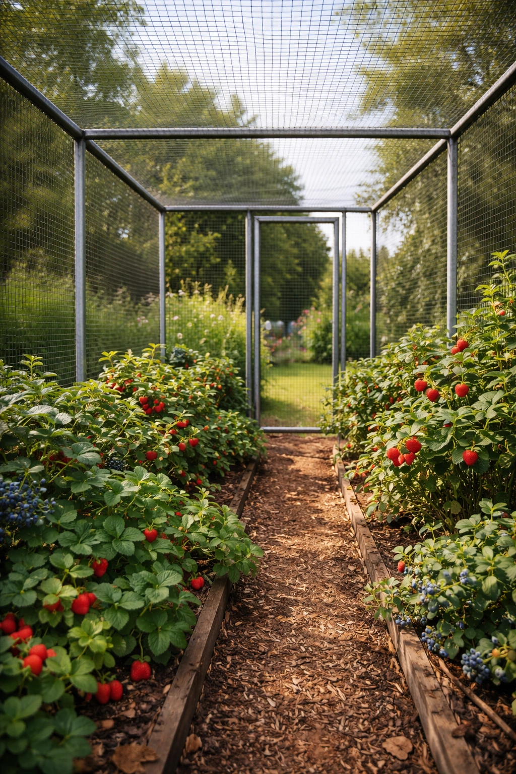 Inside view of a walk-in fruit cage with mesh and door