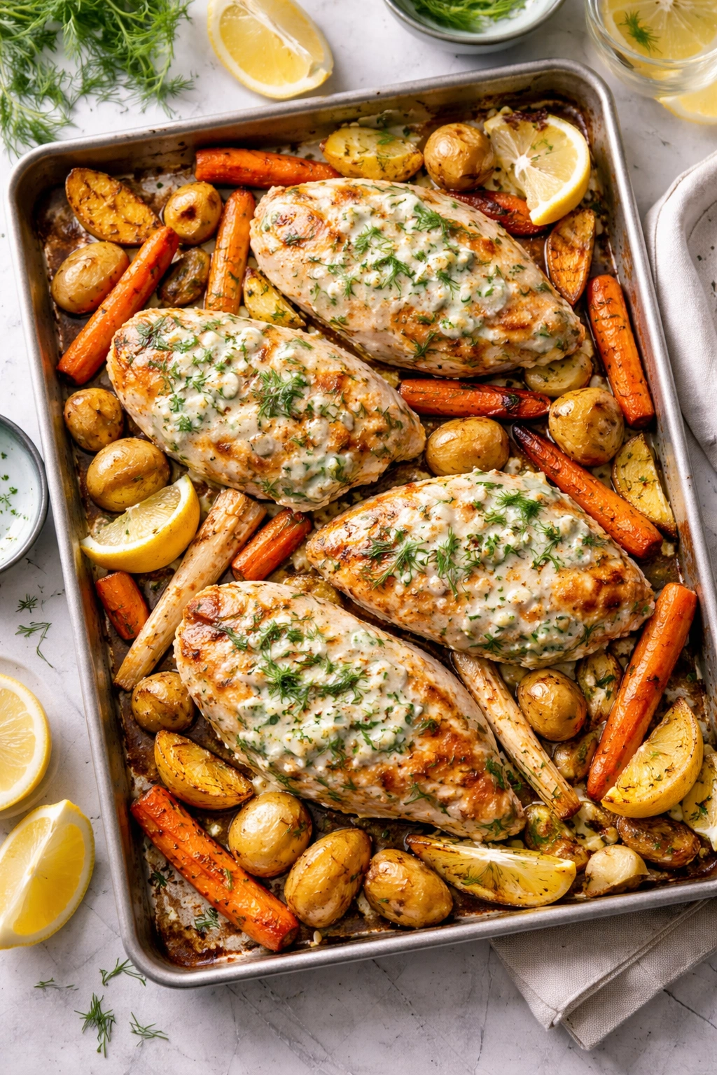 Tzatziki chicken with roasted root vegetables on baking sheet