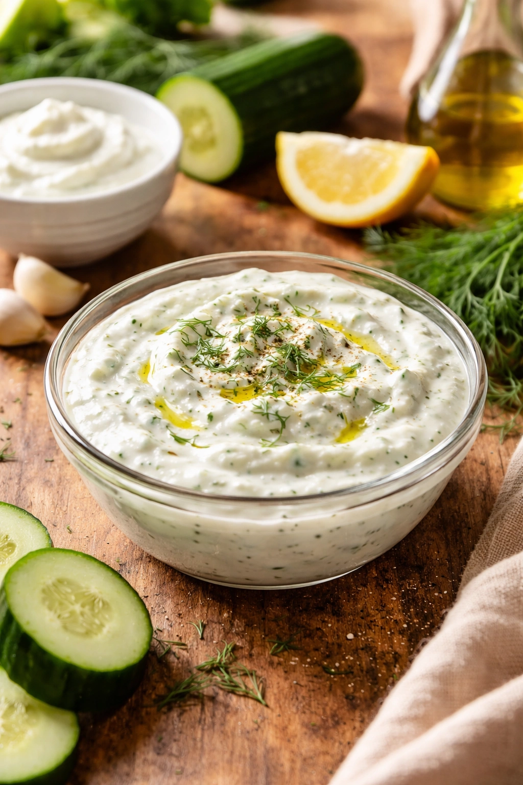 Creamy tzatziki with cucumber flecks and dill on a wooden counter