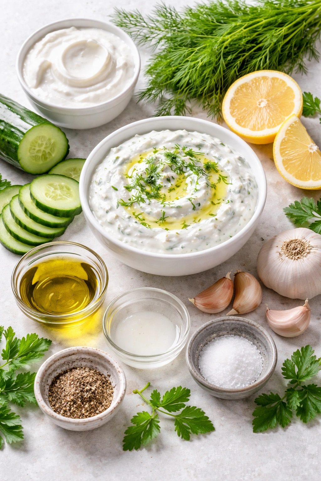 Tzatziki with cucumber dill and lemon on bright surface