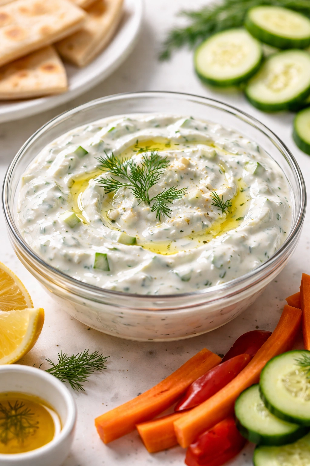 Creamy tzatziki with grated cucumber and dill in a glass bowl