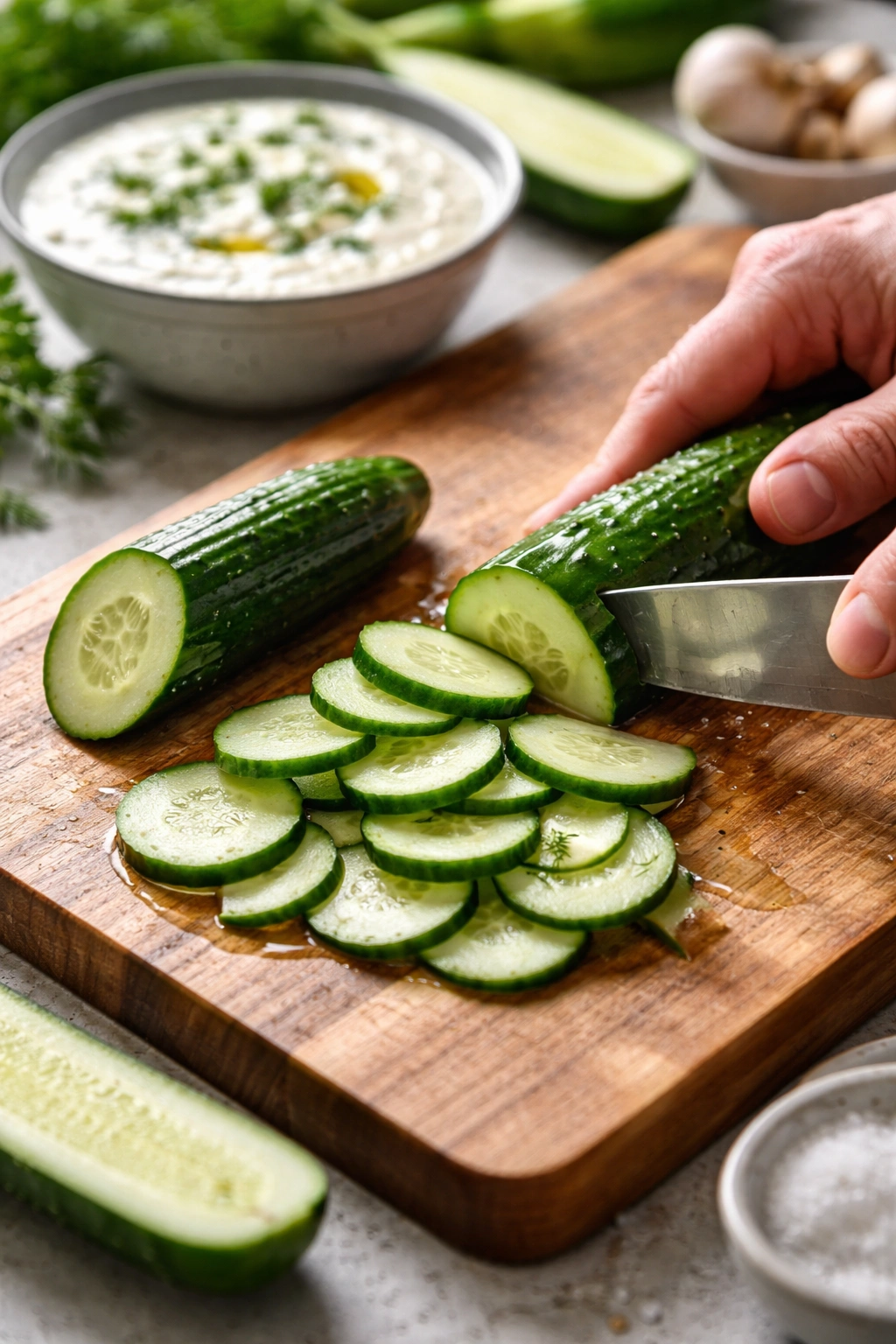 Cucumber being prepared for tzatziki with bowl in background