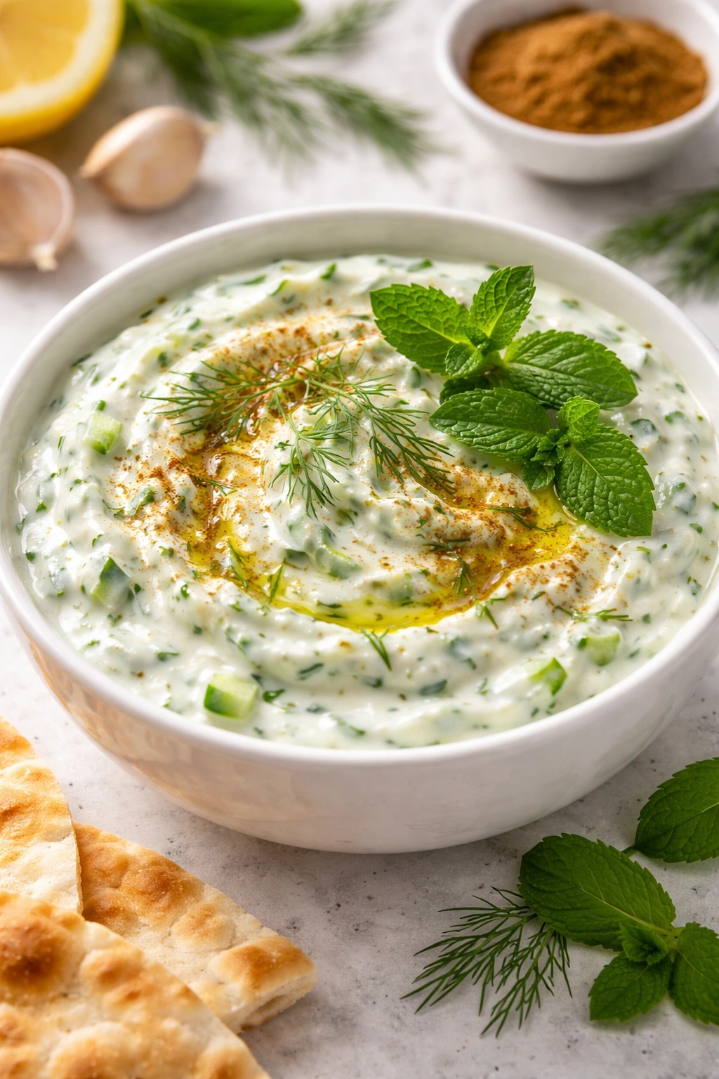 Tzatziki with dill and mint and cumin sprinkle in a bowl