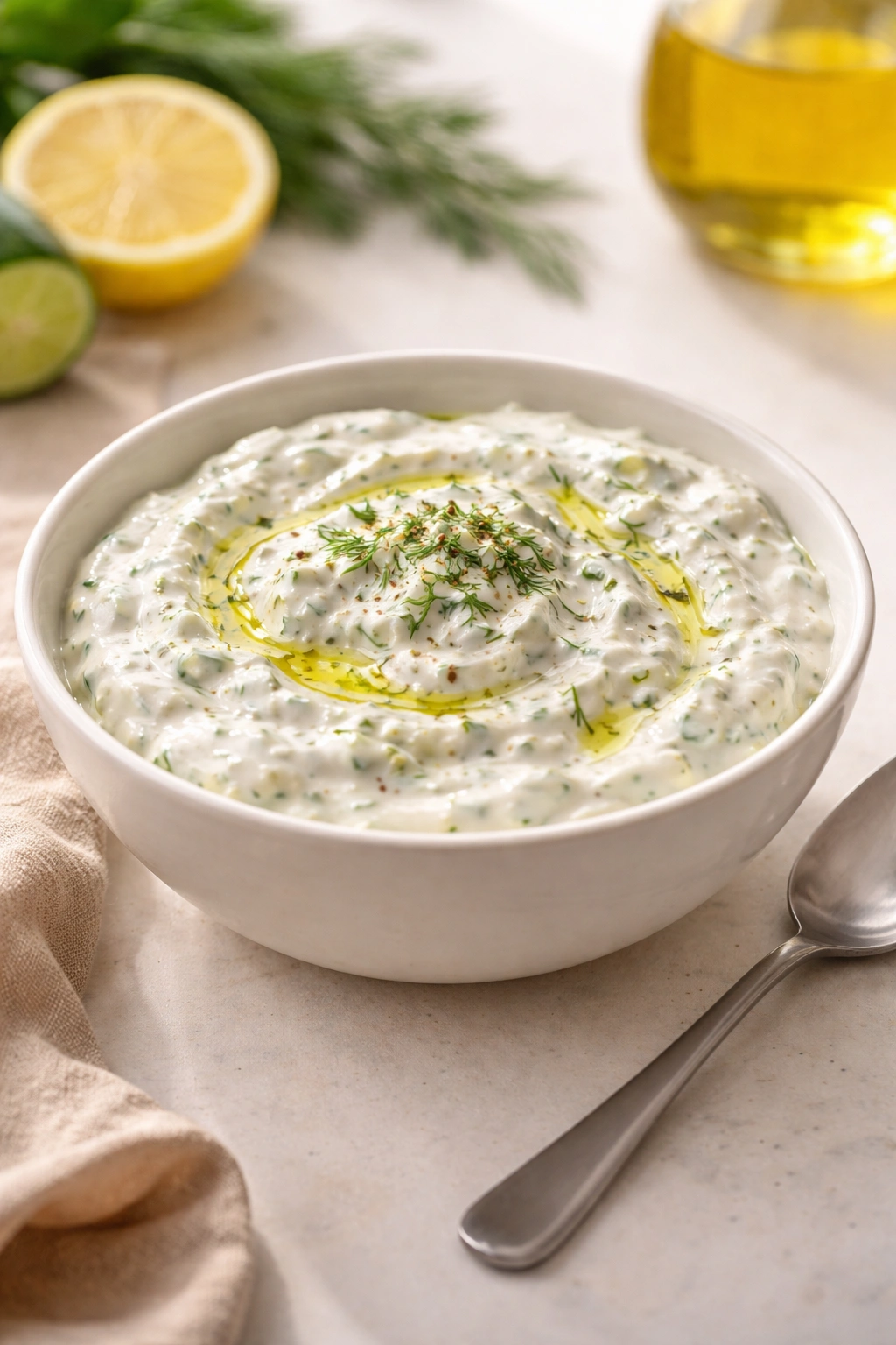 Bowl of tzatziki on a countertop with a spoon