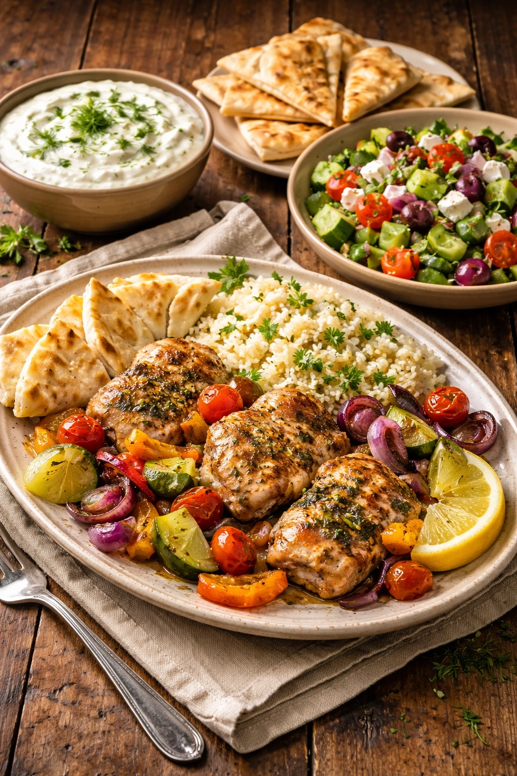 Plate of Greek chicken with tzatziki, pita, and Greek salad