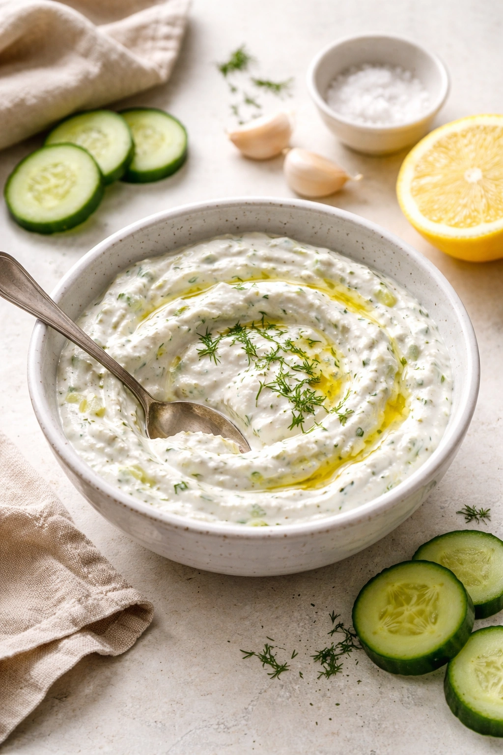 Single bowl of tzatziki on neutral surface with spoon
