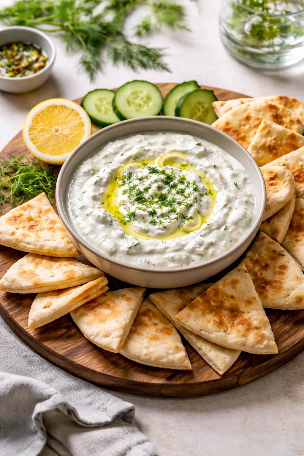 Tzatziki with pita bread on a wooden board for serving