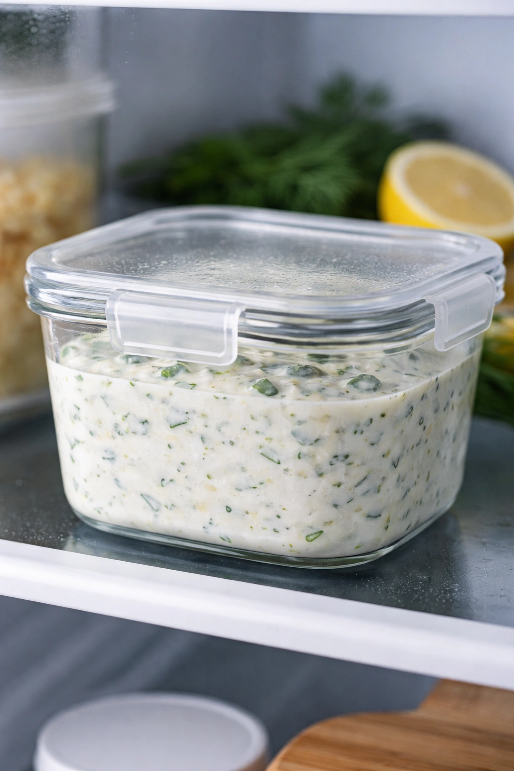Glass container of tzatziki in the fridge with condensation