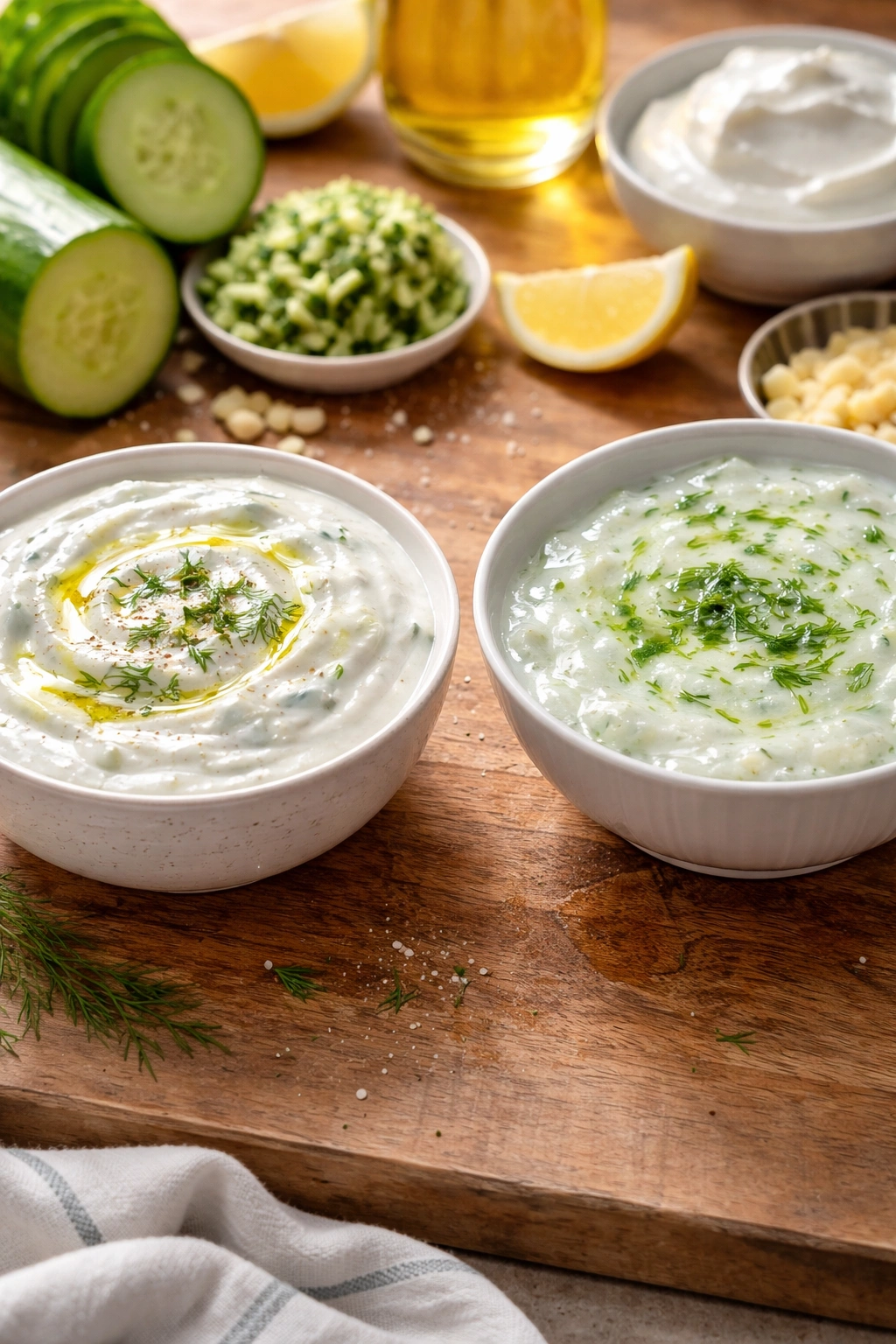 Two tzatziki textures showing thick and watery variants