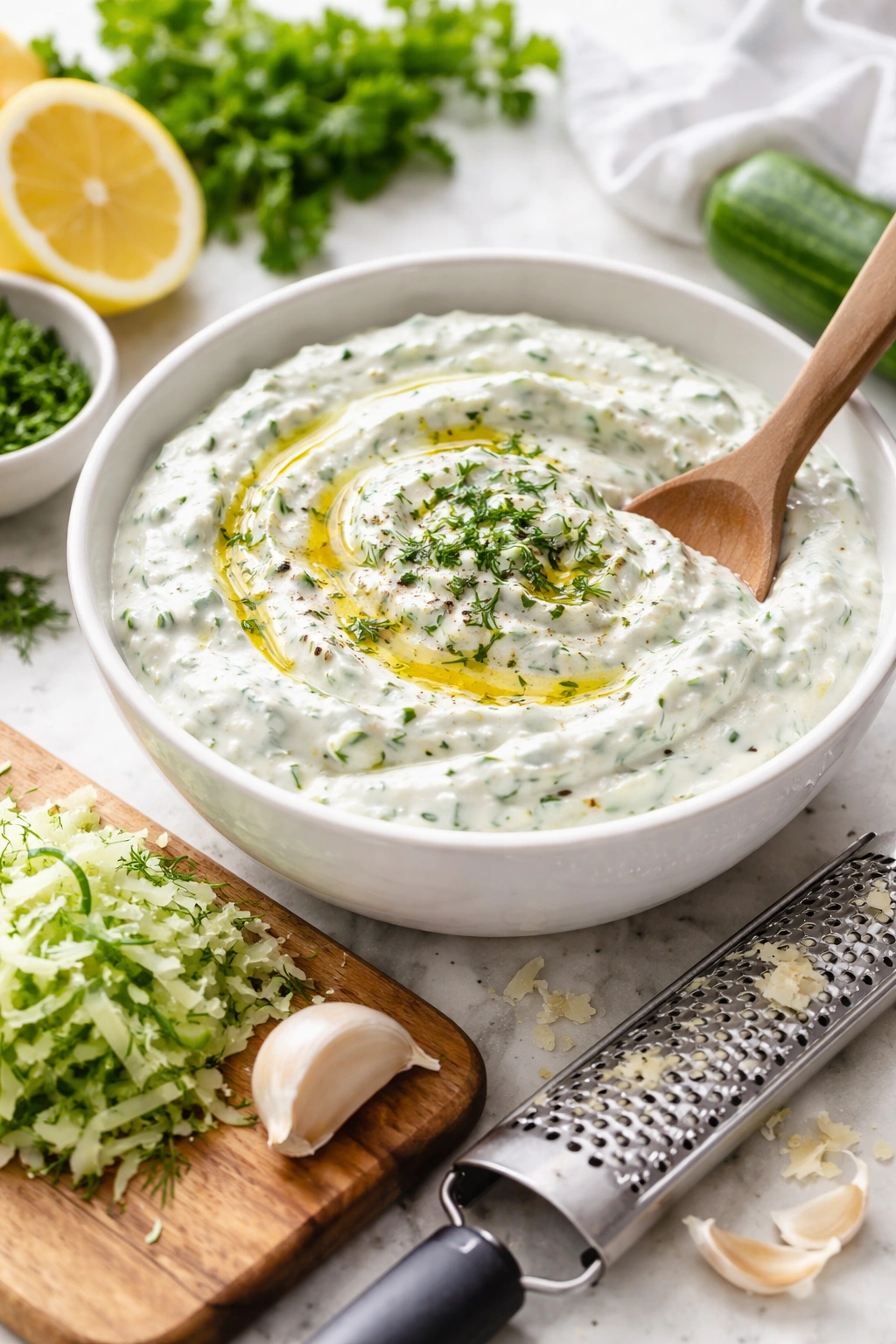 Close-up of tzatziki in a bowl with cucumber shreds and garlic on a bright kitchen counter