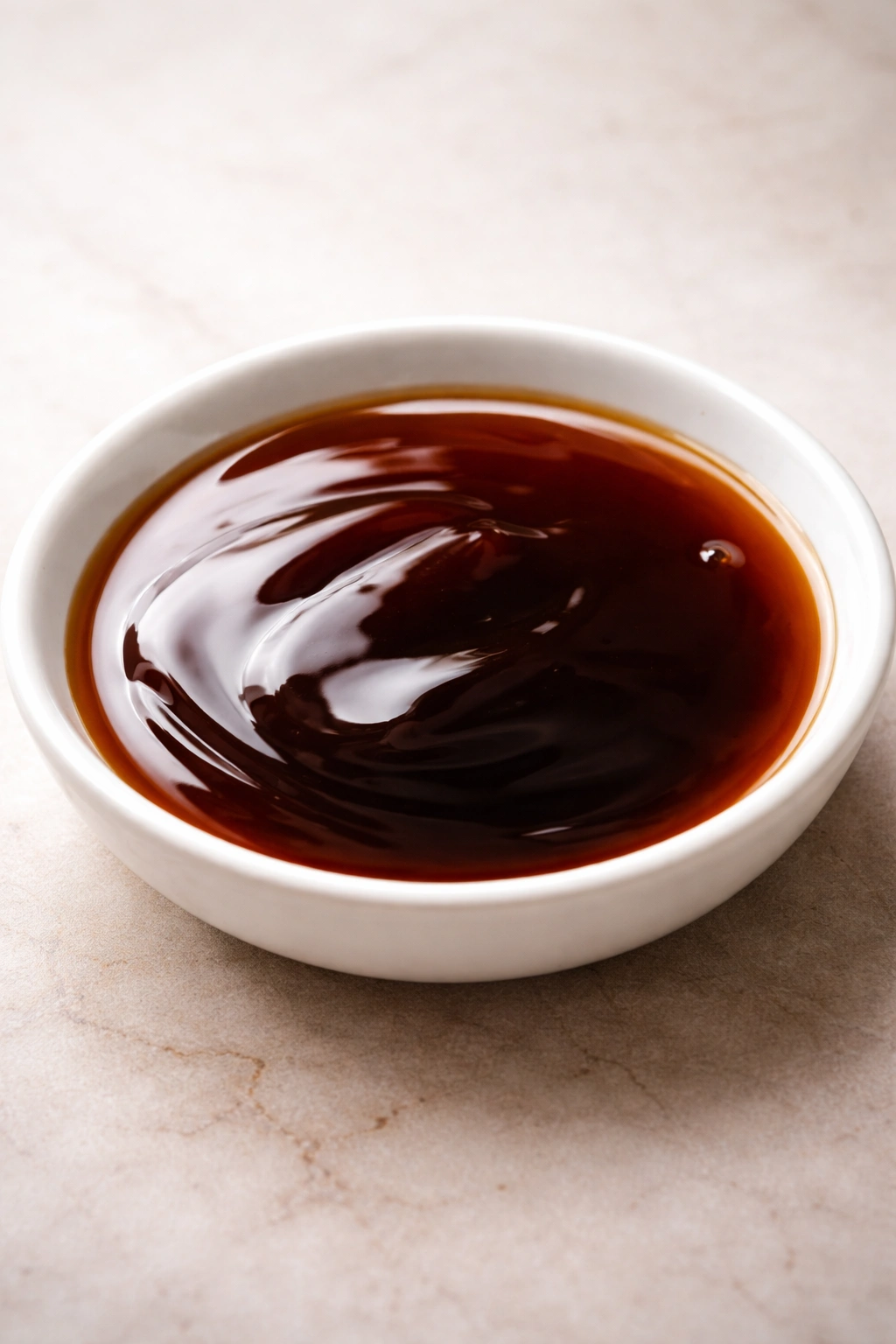 Glossy umami sauce pool on white dish with reflection