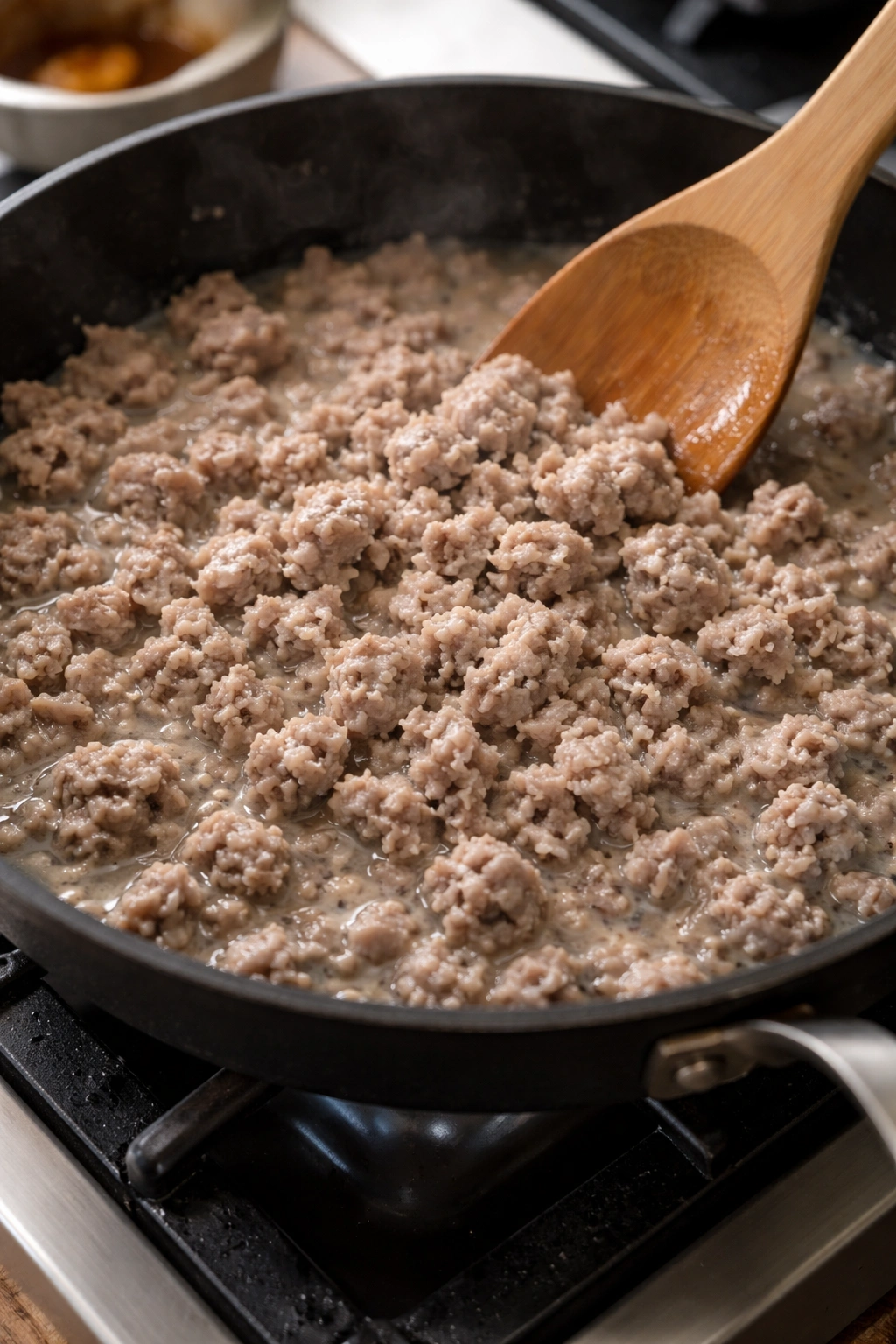 Pale gray ground beef in a skillet indicating undercooked browning mistake