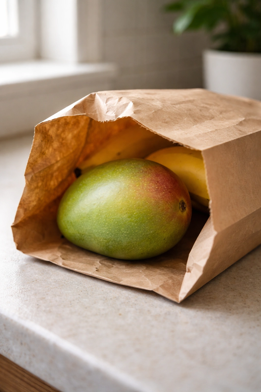 Underripe mango inside a brown paper bag on a kitchen counter