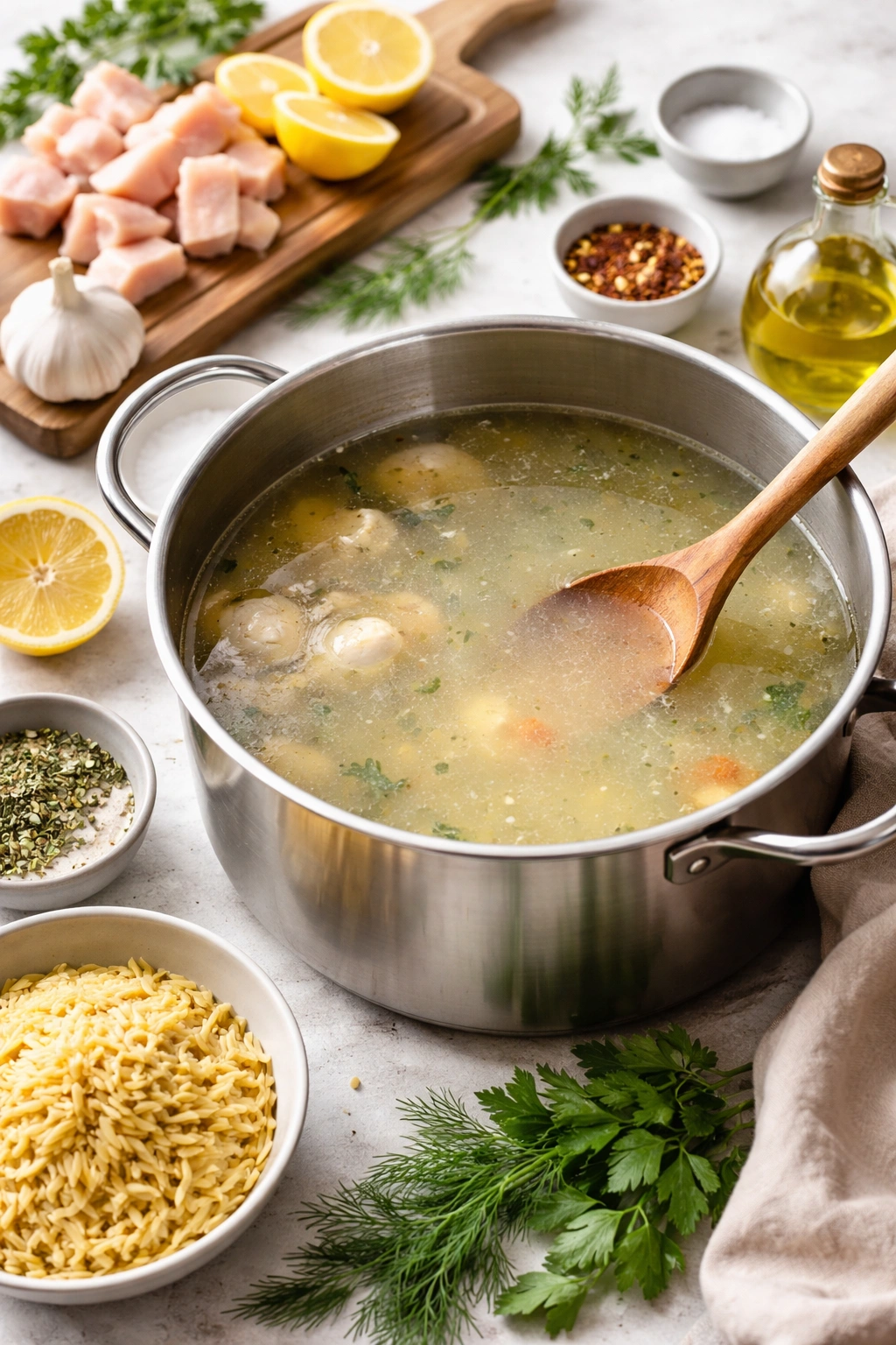 Pale undersalted broth simmering in a pot with visible steam