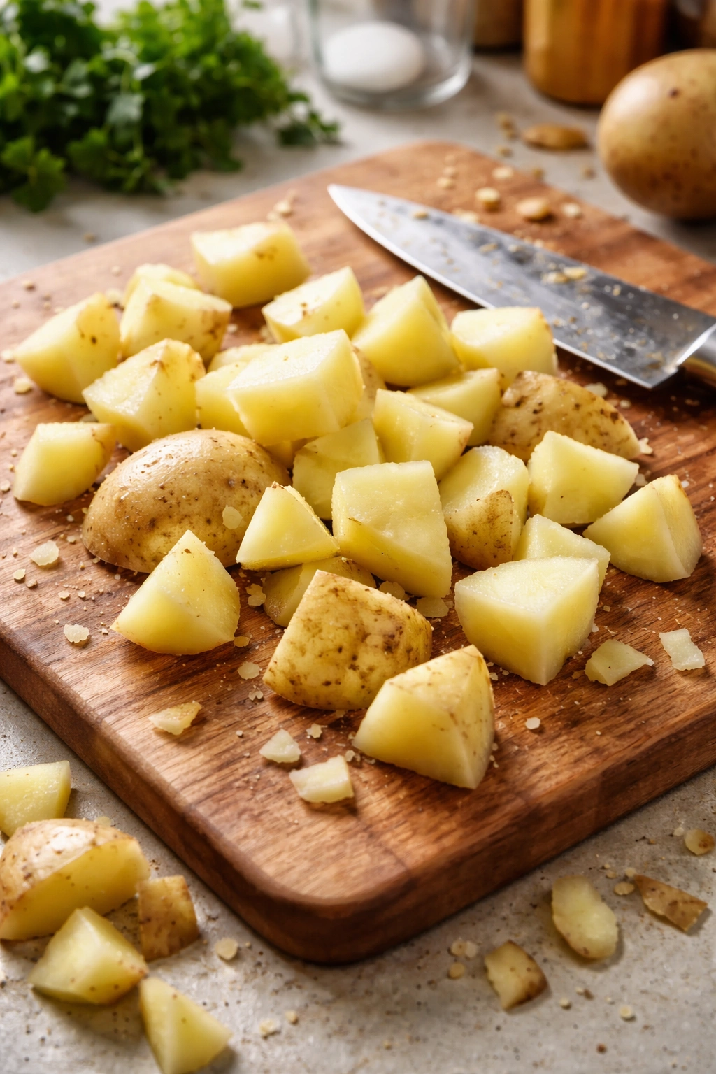 Uneven cuts of potatoes on a cutting board illustrating mistakes