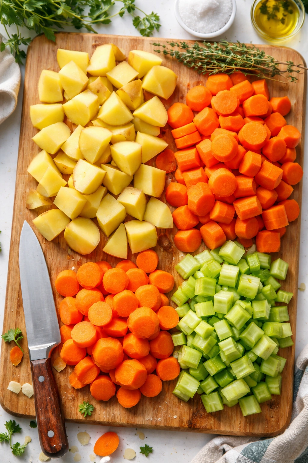 Uniformly cut potatoes, carrots, and celery on a cutting board