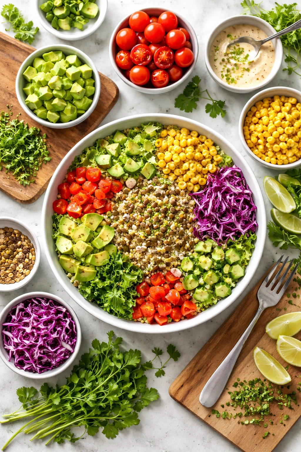 Bowl with uniformly cut vegetables arranged around quinoa and greens