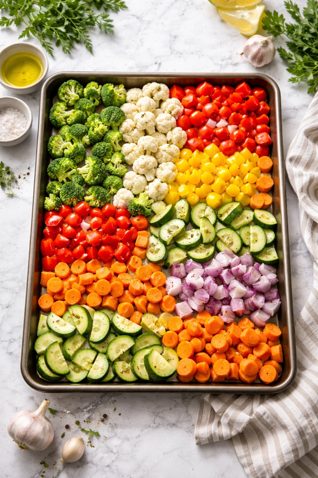 Uniform vegetable pieces on baking sheet showing consistent sizing