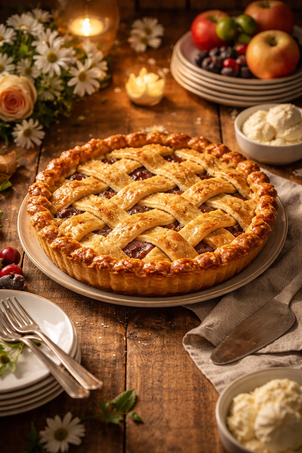 Whole pie on rustic table with timeless, warm lighting