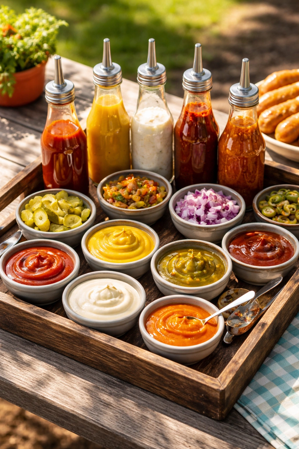 Unlabeled condiment bottles and bowls with sauces and pickles
