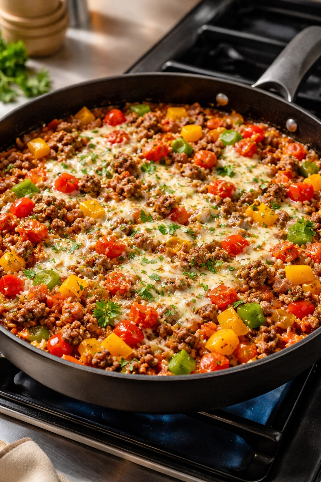 Close-up of a colorful skillet with unstuffed peppers featuring ground beef, peppers, rice and tomatoes