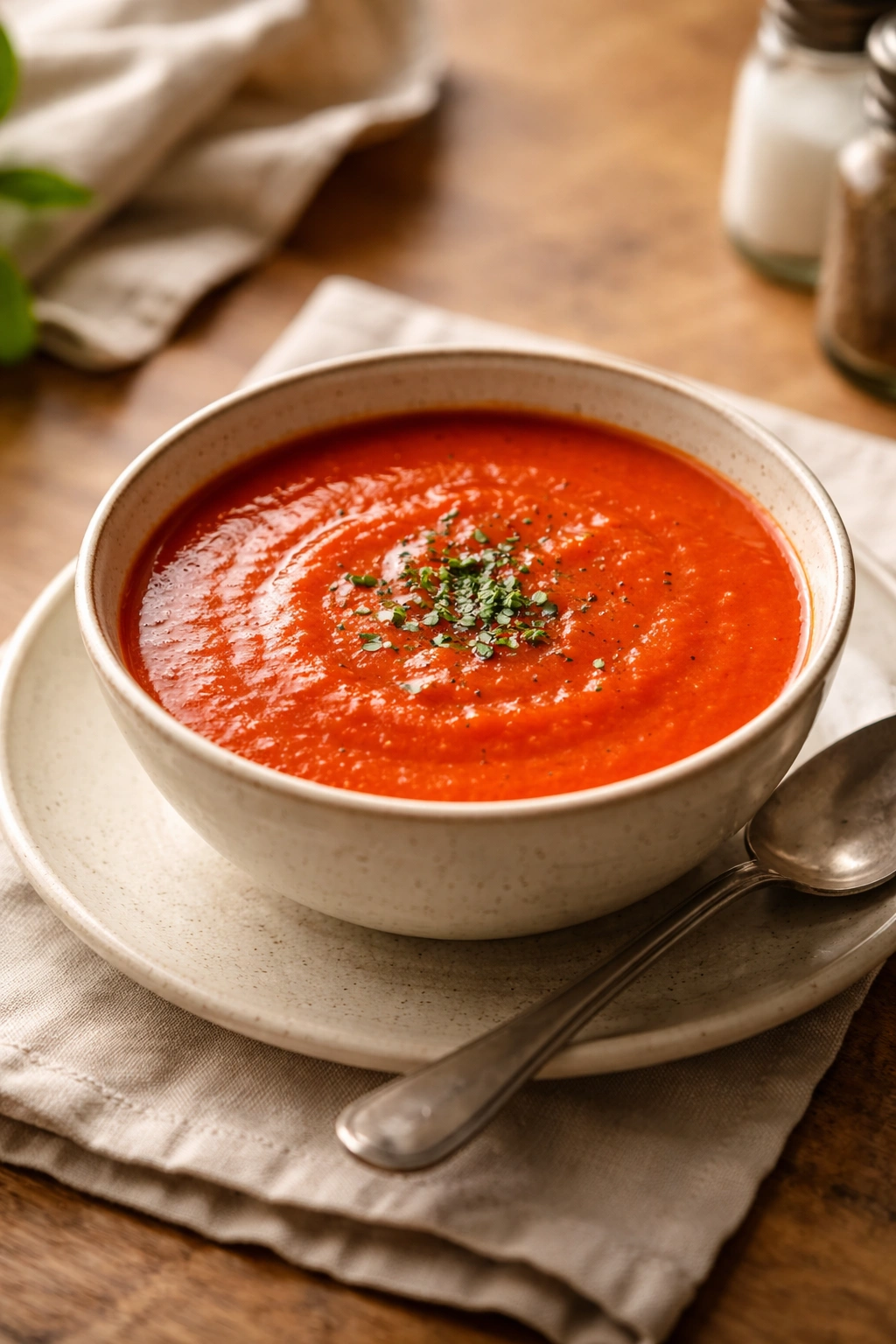 Warm tomato soup in a simple cozy setting for stomach comfort considerations