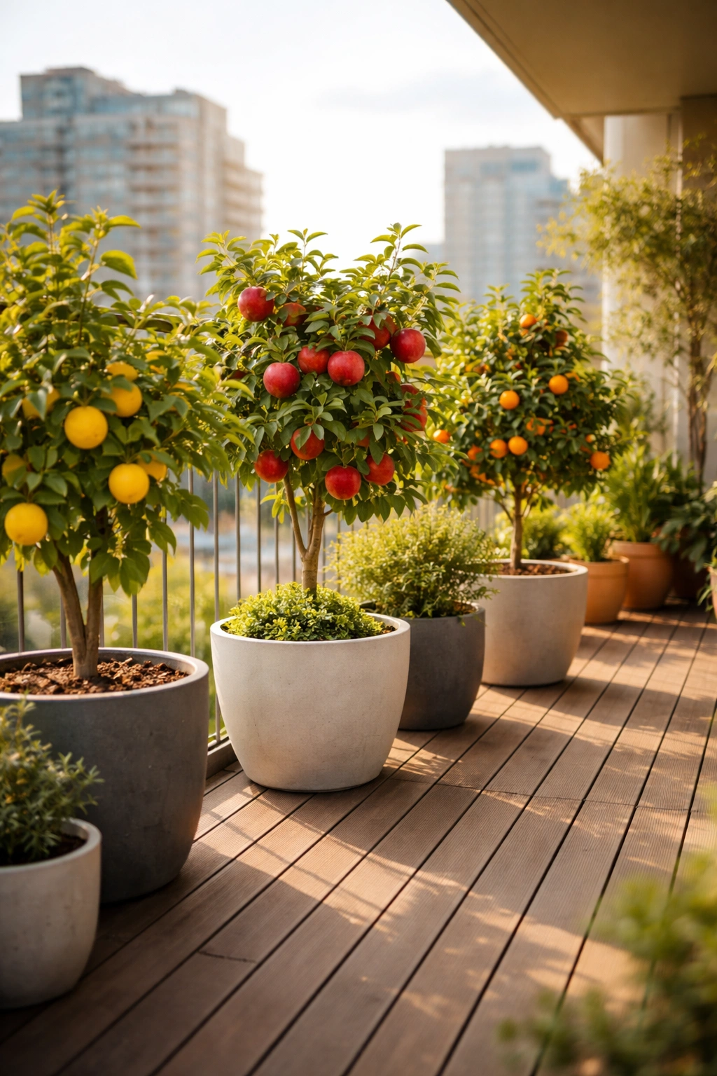 Compact fruit trees in containers on an urban balcony with lush foliage and ripening fruit
