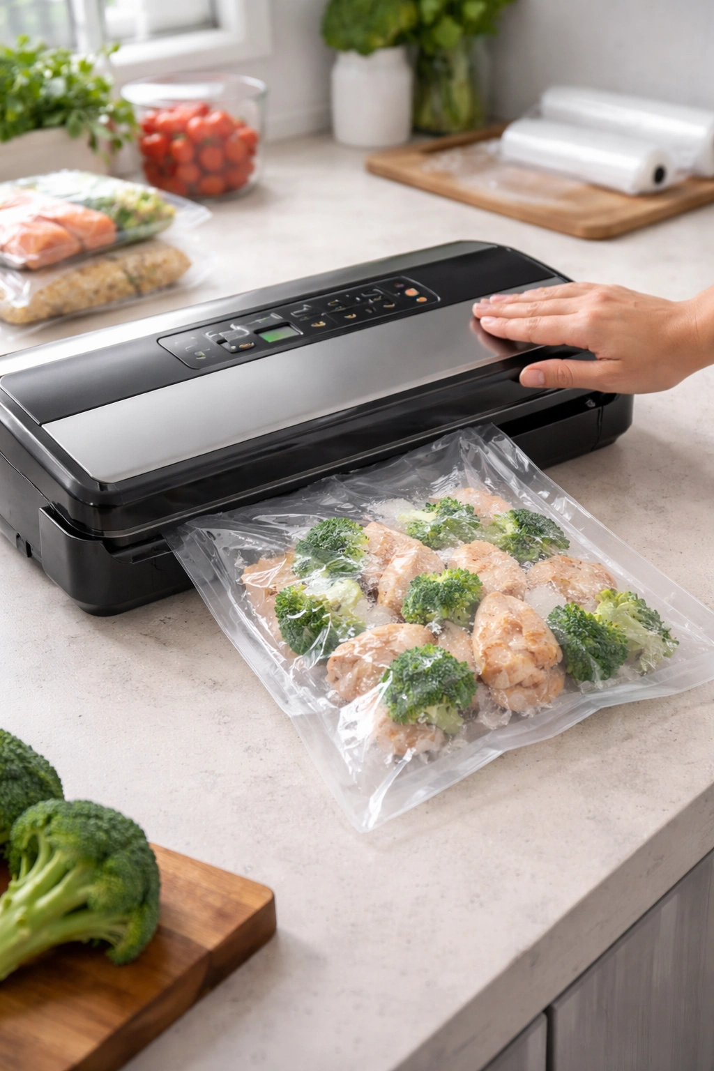 Vacuum sealing in progress with a bag of frozen food