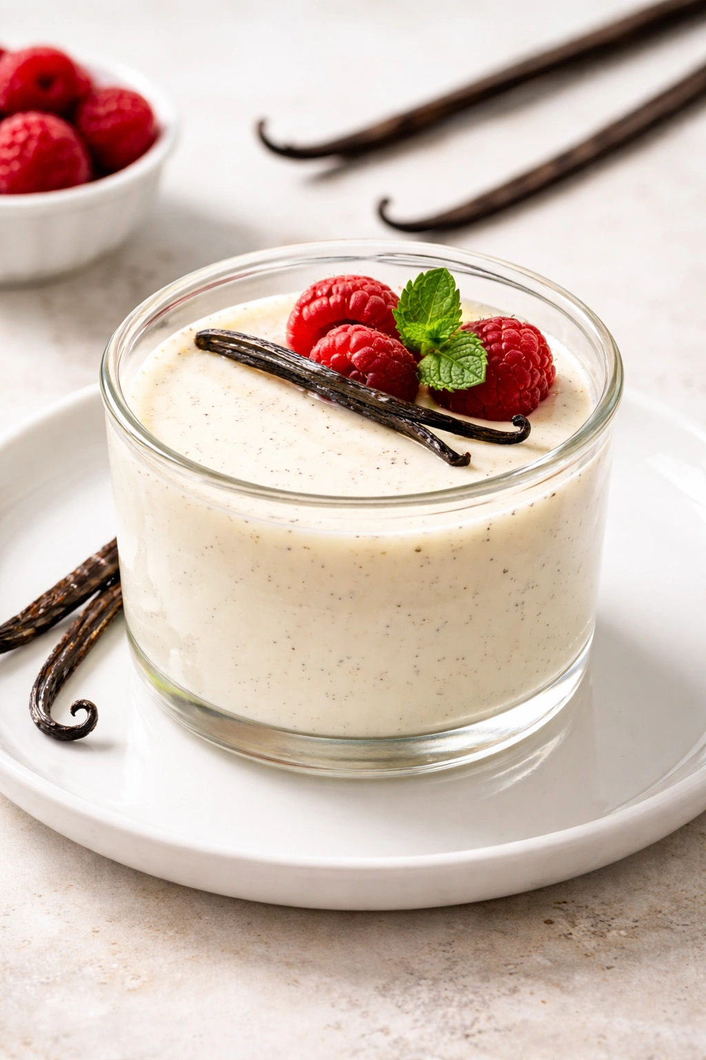 Panna cotta in a ramekin with vanilla bean seeds on white plate