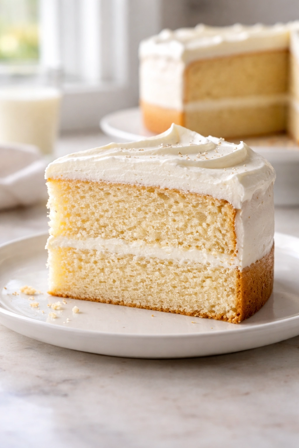 Close-up cross-section of vanilla cake showing fine, even crumb on a plain plate