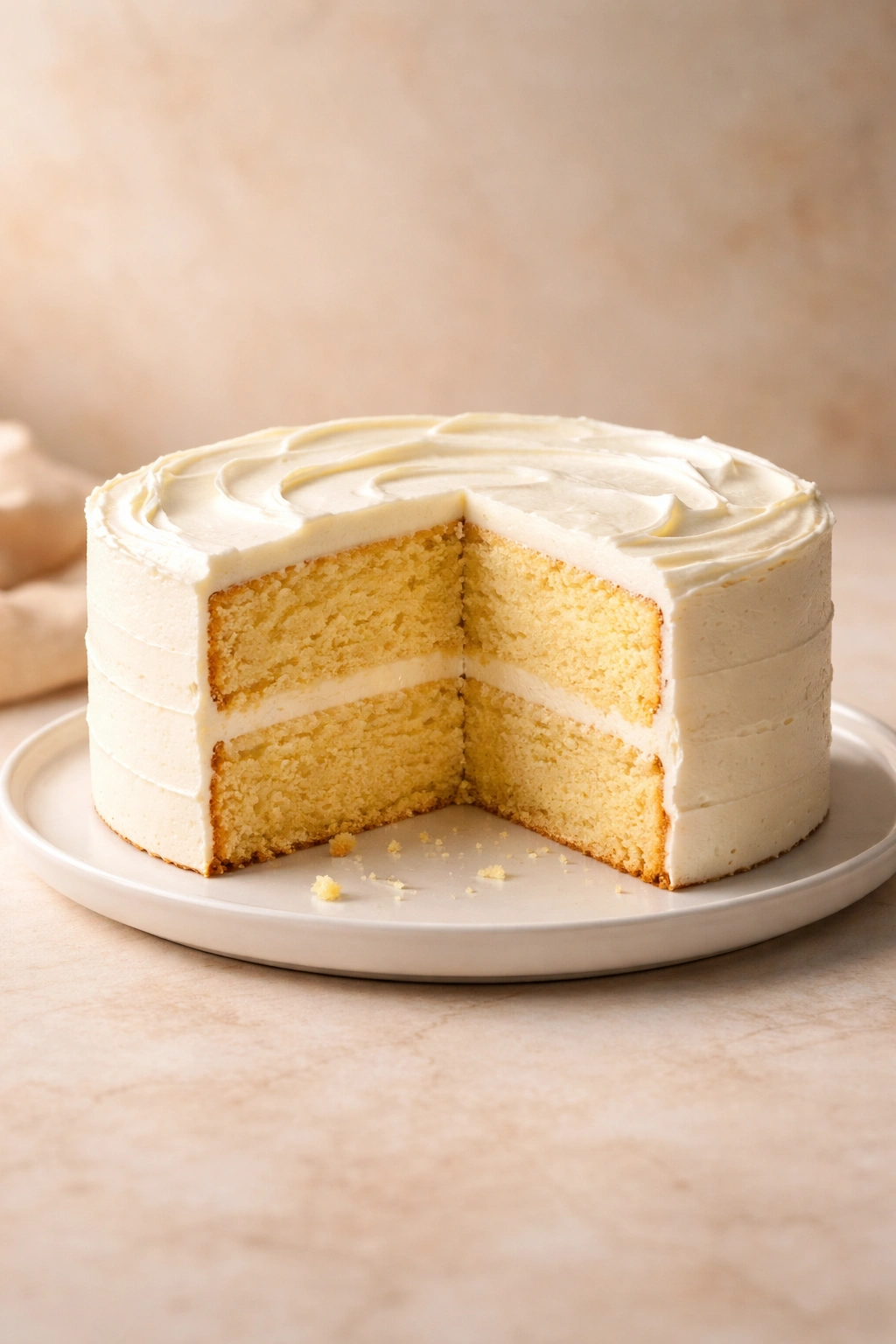 Single vanilla cake on a plate with a soft neutral background