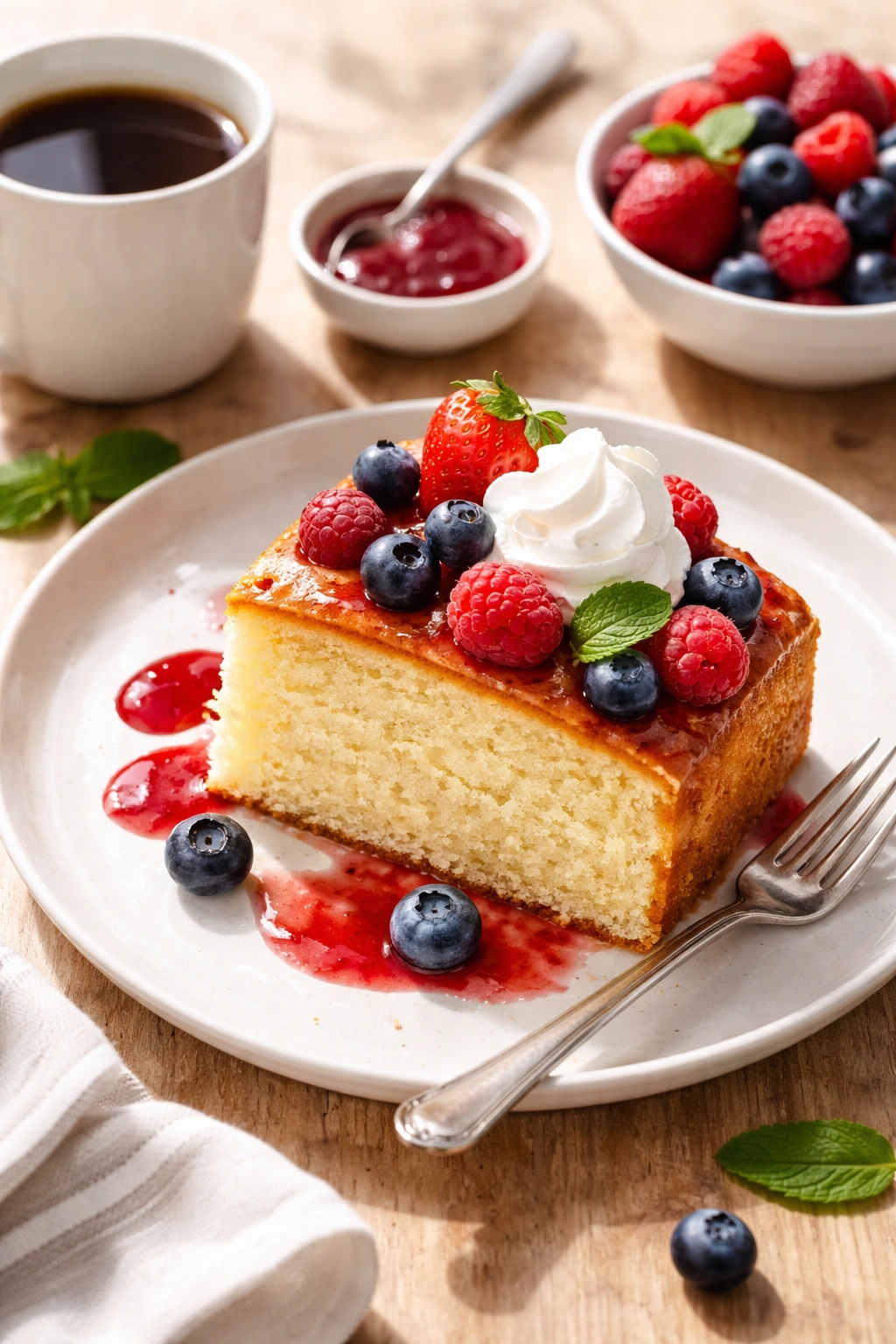 Plate with vanilla cake slice and fresh berries whipped cream