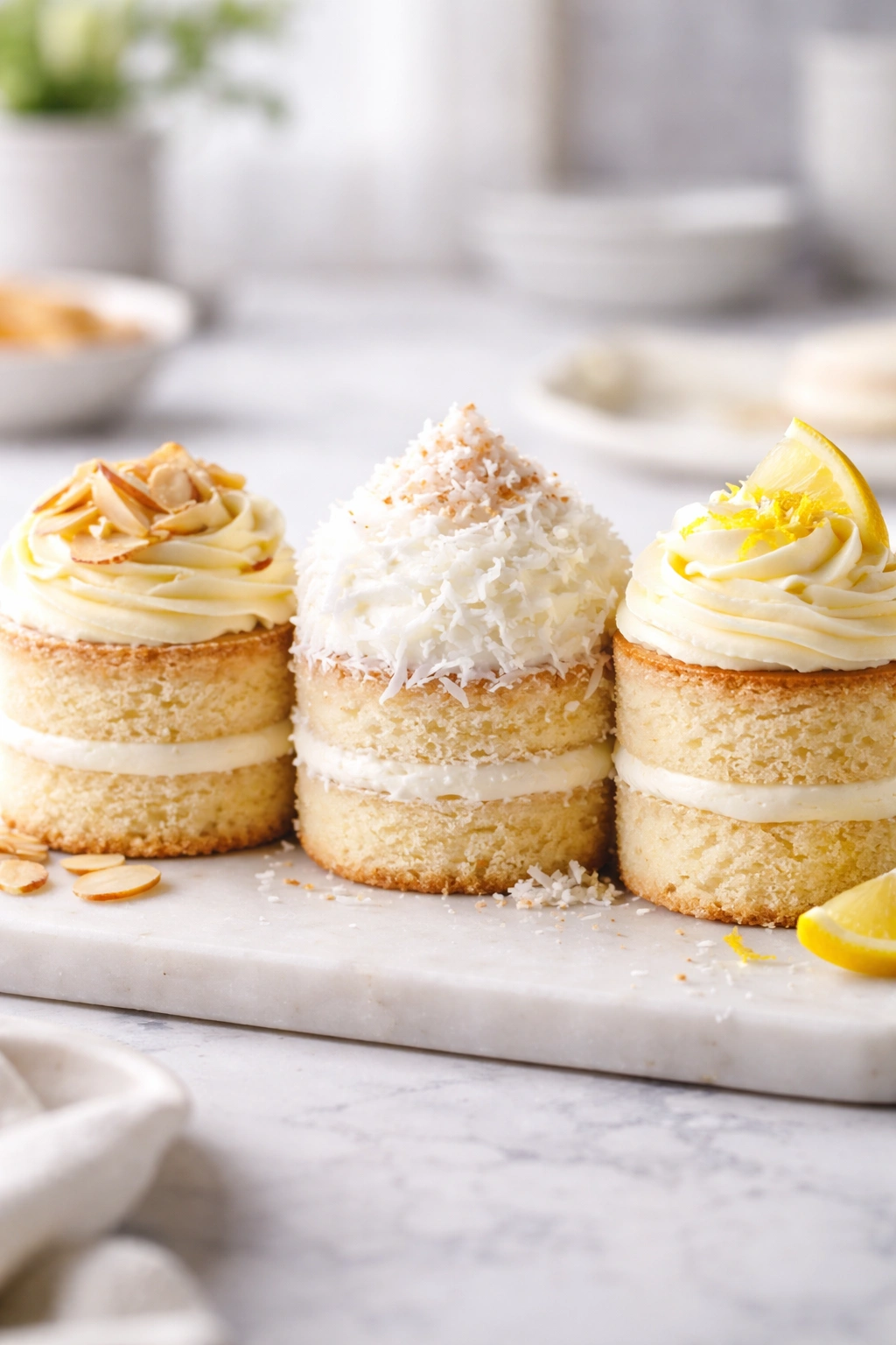 Three mini cakes showing almond vanilla, coconut vanilla, and lemon vanilla variations on a neutral board