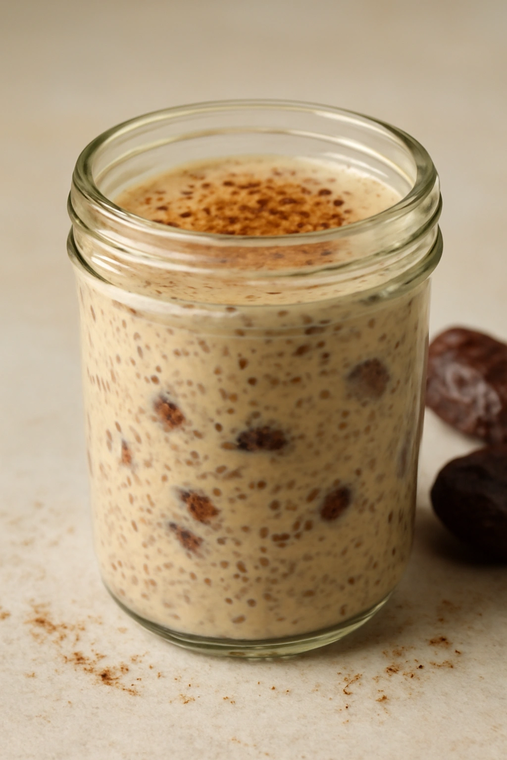 Vanilla chai chia pudding with dates in glass jar