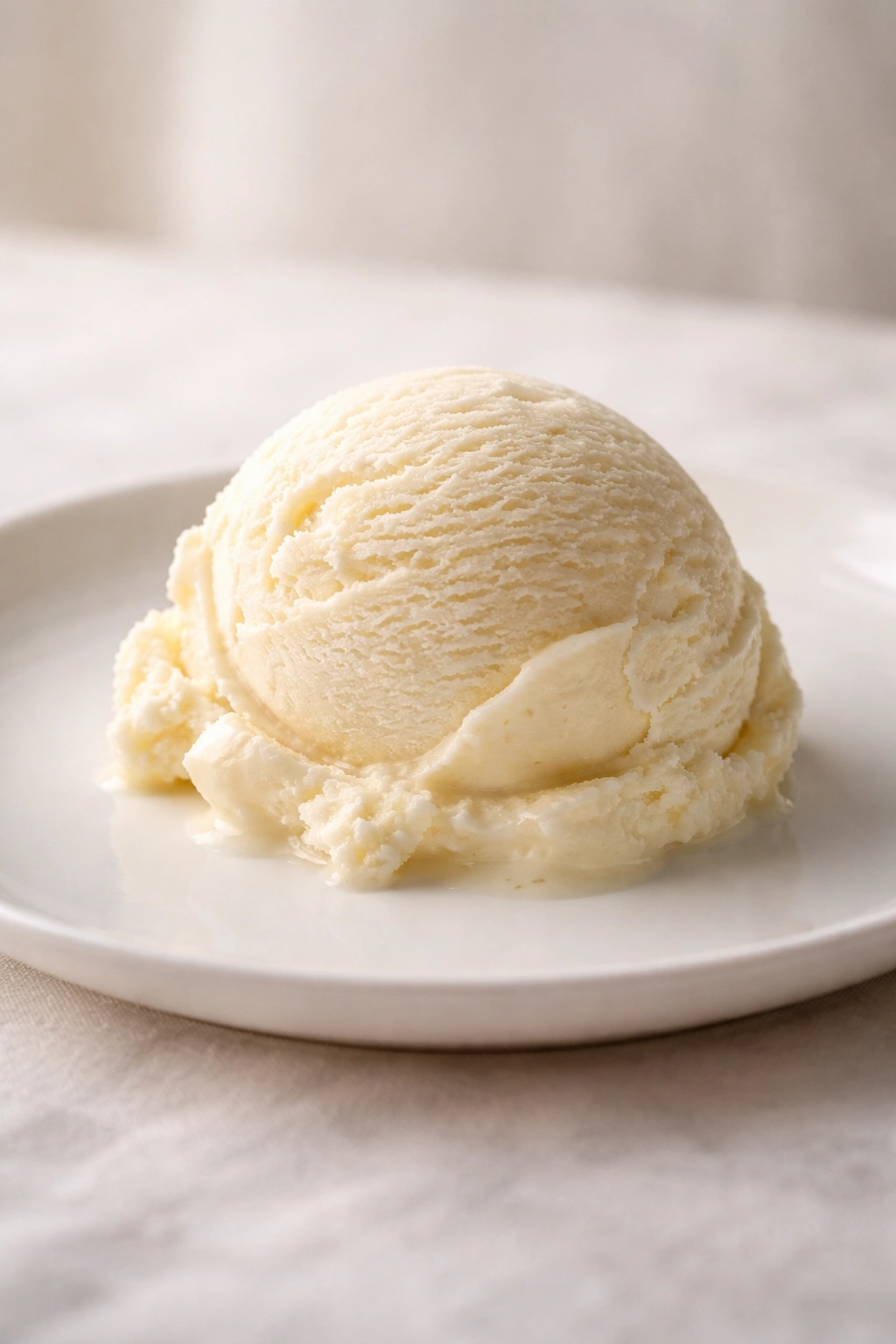 Scoop of vanilla ice cream on a plain white plate