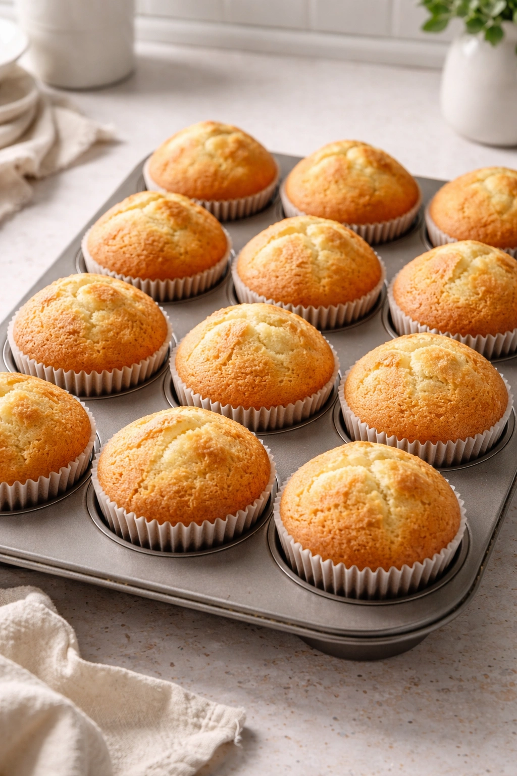 Tray of vanilla muffins with tall domes and golden tops