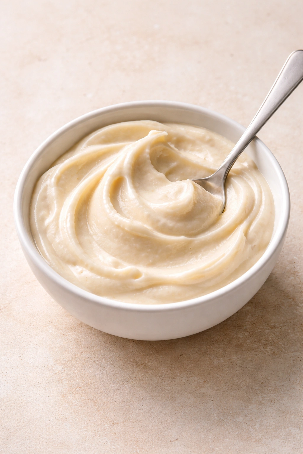 Vanilla nice cream in a bowl with a spoon, smooth texture